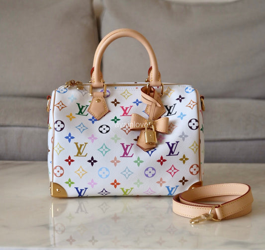 LOUIS VUITTON LV x TM White Multicolour Murakami Speedy 25 Bag Gold Hardware