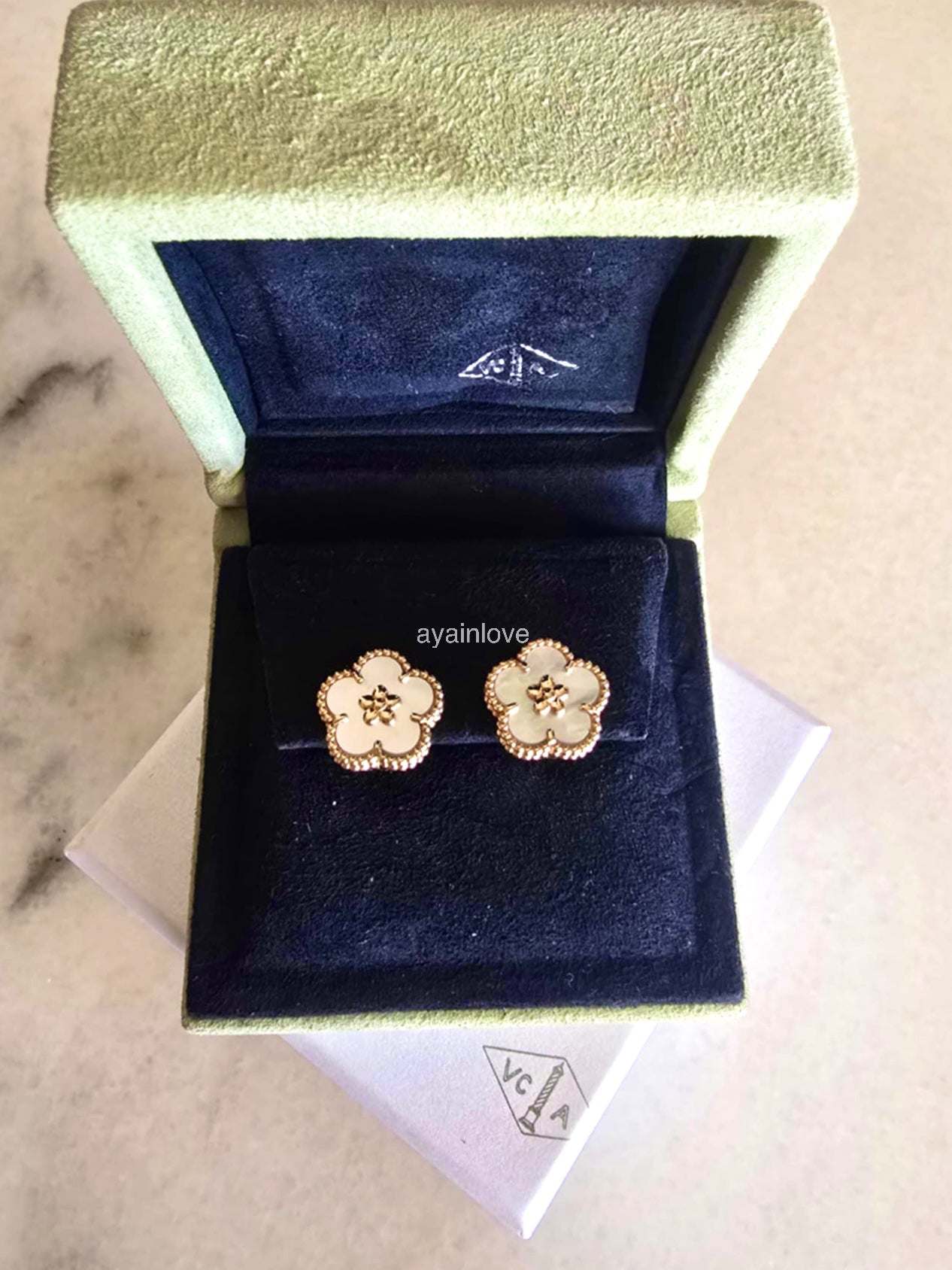 Van Cleef Arpels VCA Lucky Spring Plum Blossom Mother of Pearl 18KT Rose Gold Earrings