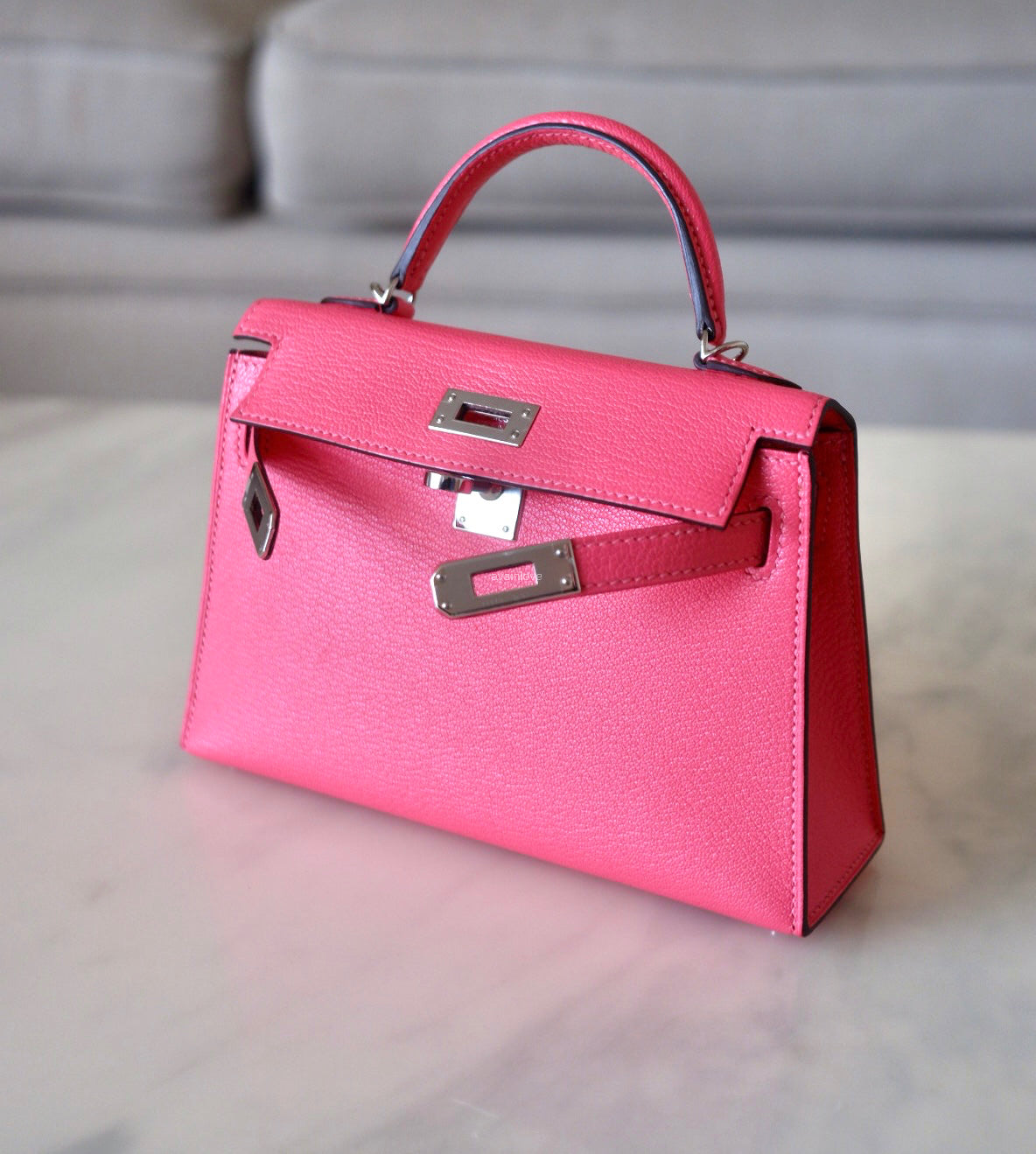 HERMES Mini Kelly 20 Pink Rose Lipstick Chèvre Mysore Palladium Hardware D Stamp