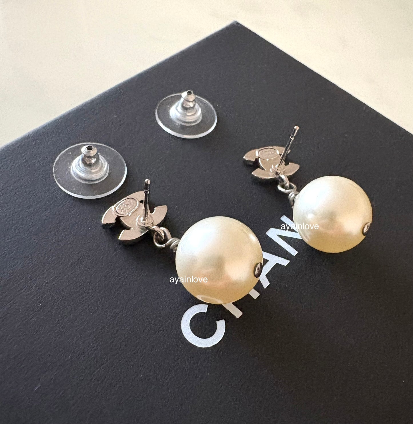 CHANEL Pearl Drop CC Stud Earrings Silver Hardware