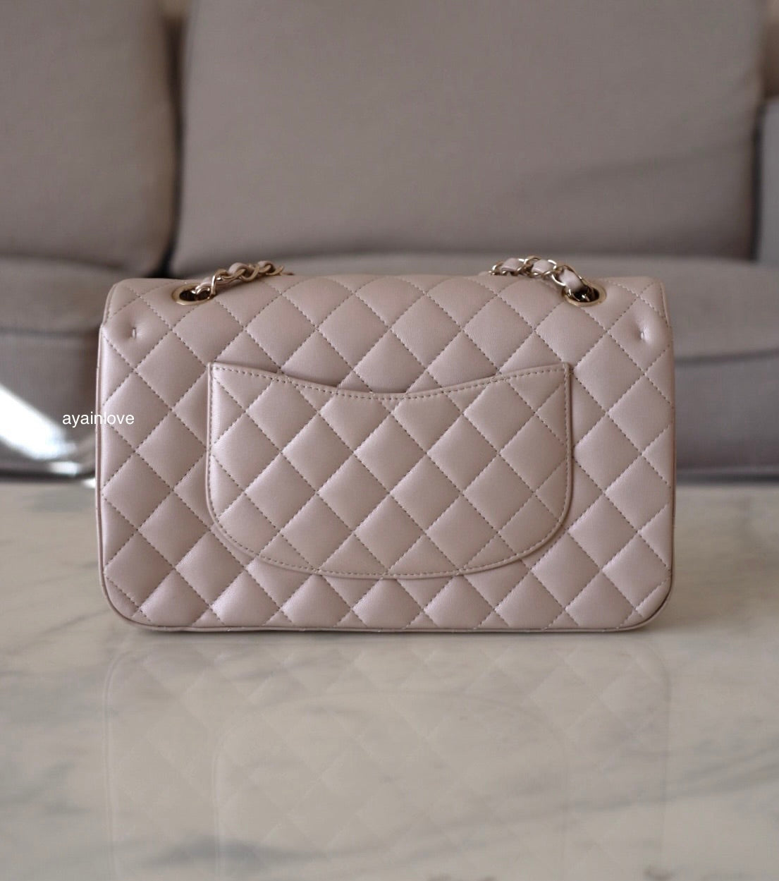 CHANEL 19S Iridescent Beige Lambskin Medium/Large Classic Flap Light Gold Hardware