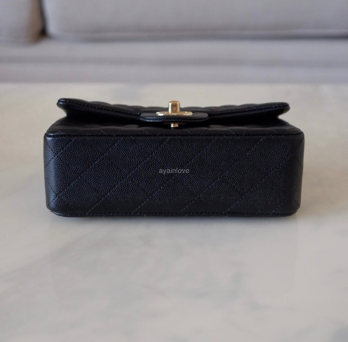 CHANEL 18B Black Caviar Quilted Rectangular Mini Flap Bag Light Gold Hardware