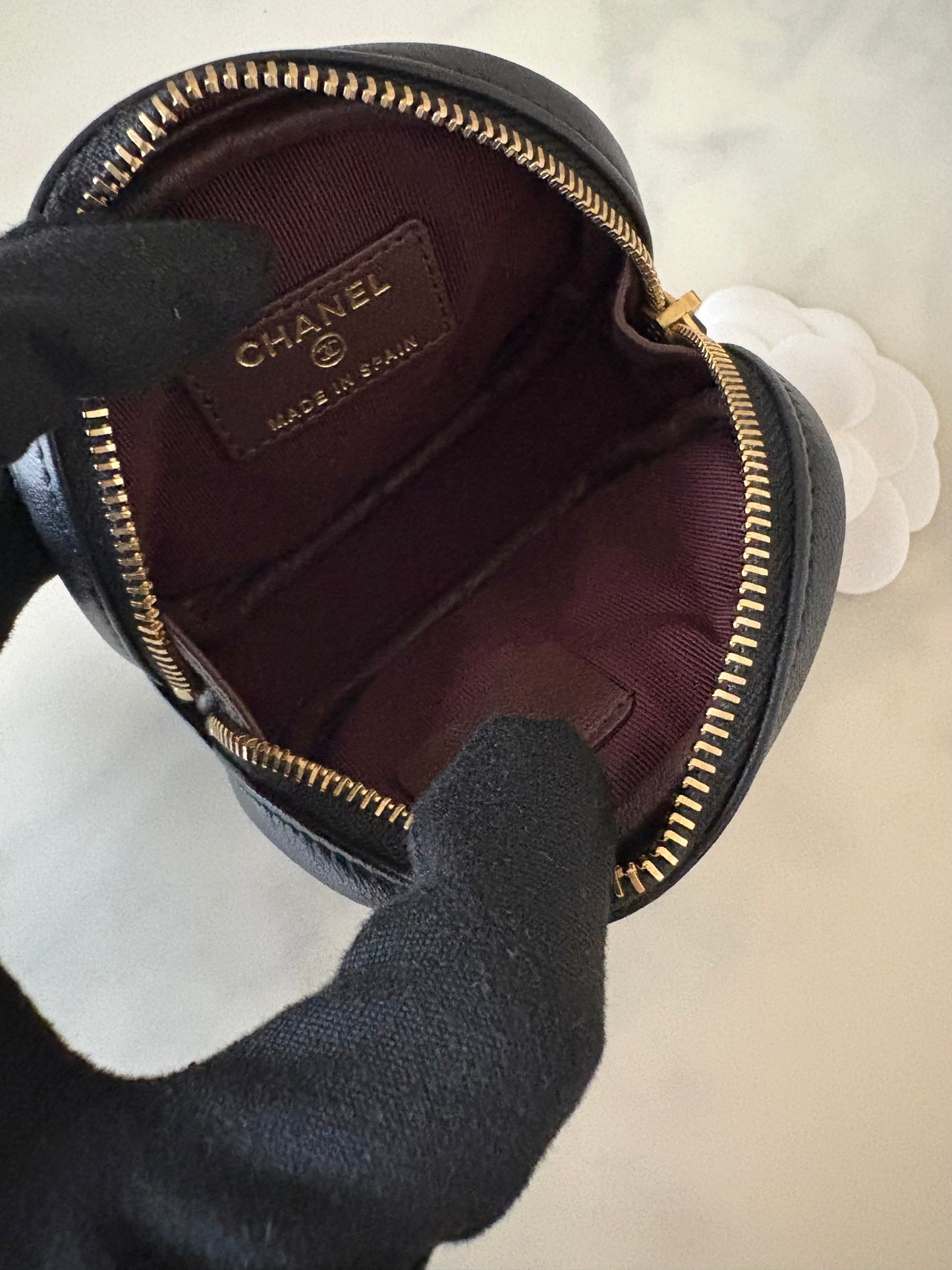 CHANEL Black Lamb Skin Round Coin Purse Card Holder Gold Hardware