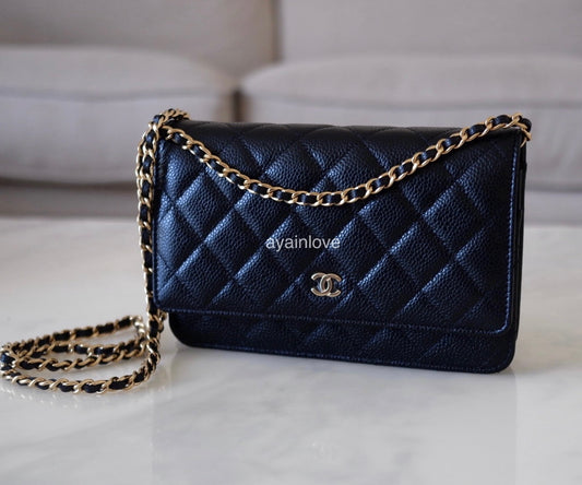 CHANEL Black Caviar Classic Microchipped Wallet On Chain Gold Hardware