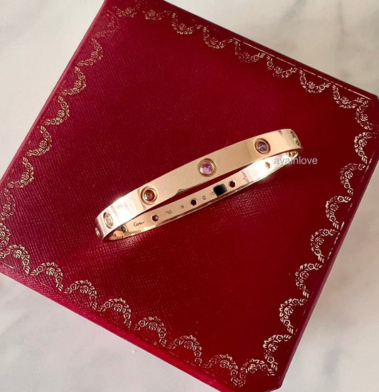 CARTIER 18KT Rose Gold LOVE 10 Rainbow Multi-Color Gemstones Classic Model Bracelet Size 18