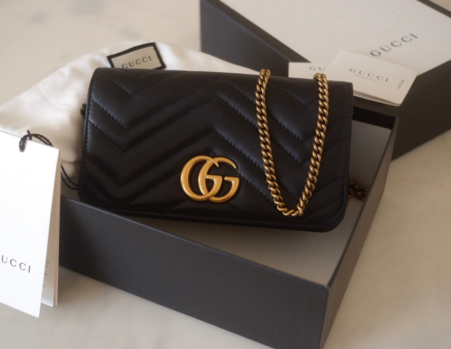 Gucci GG Mini Marmont Chain Bag Black Leather Chevron Crossbody Shoulder  Bag - GemandLoan