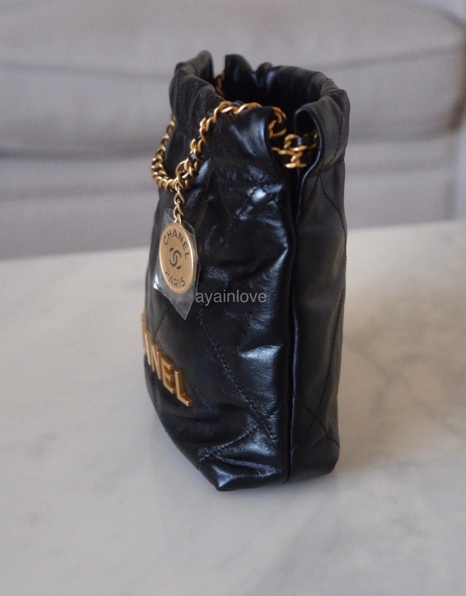 CHANEL 23A Mini 22 Black Shiny Calf Skin Bag Gold Hardware