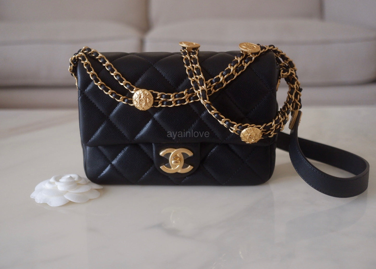 CHANEL 22A Black Caviar Twist Your Buttons 21cm Mini Flap Bag Gold Har –  AYAINLOVE CURATED LUXURIES