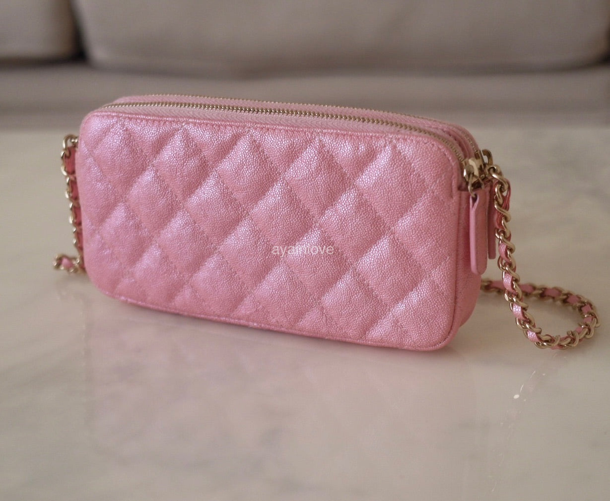 CHANEL 19S Iridescent Pink Caviar Phone Clutch on Chain Detachable