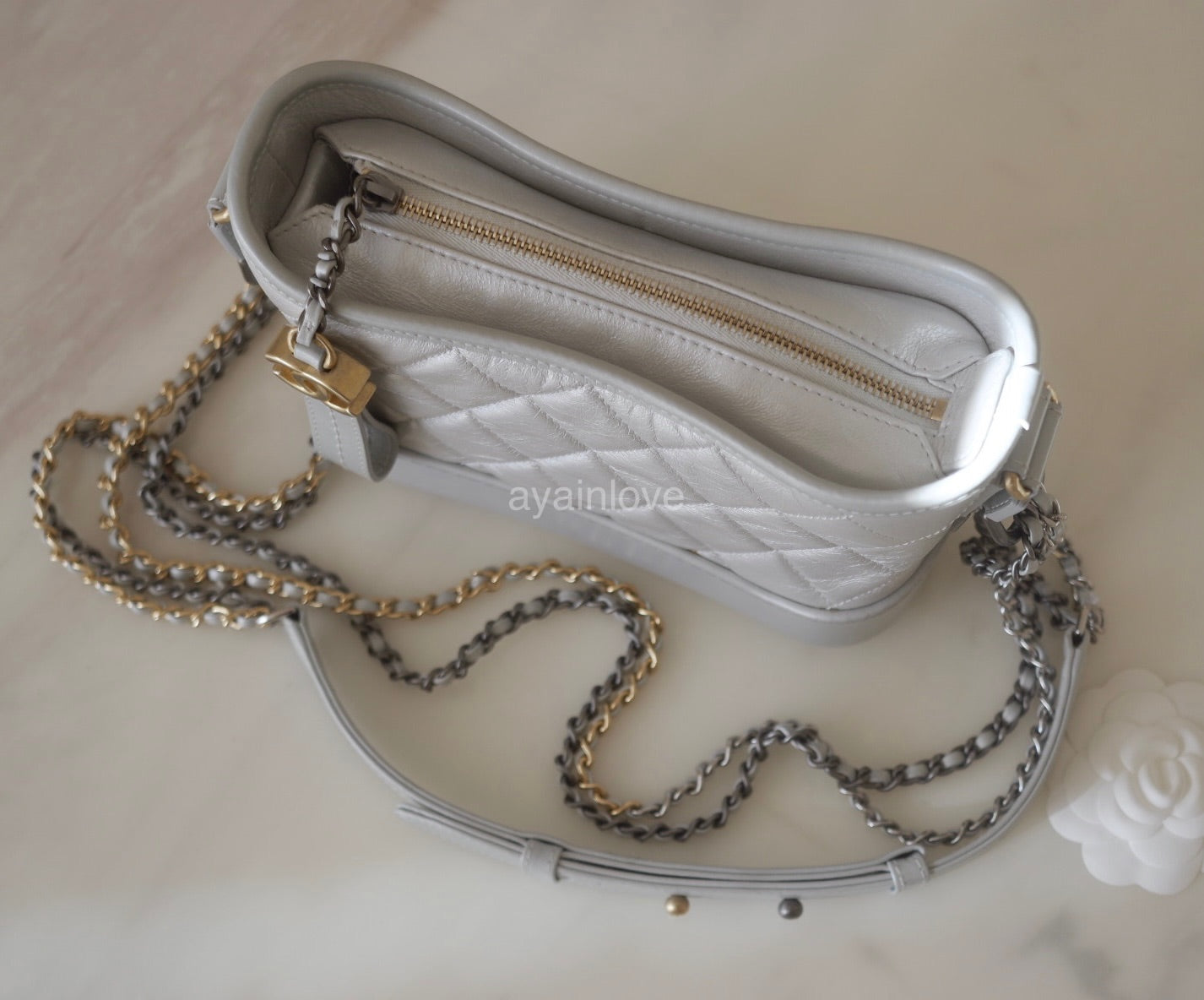 CHANEL Pearly Light Grey Calf Skin Small Gabby Gabrielle Bag Mixed