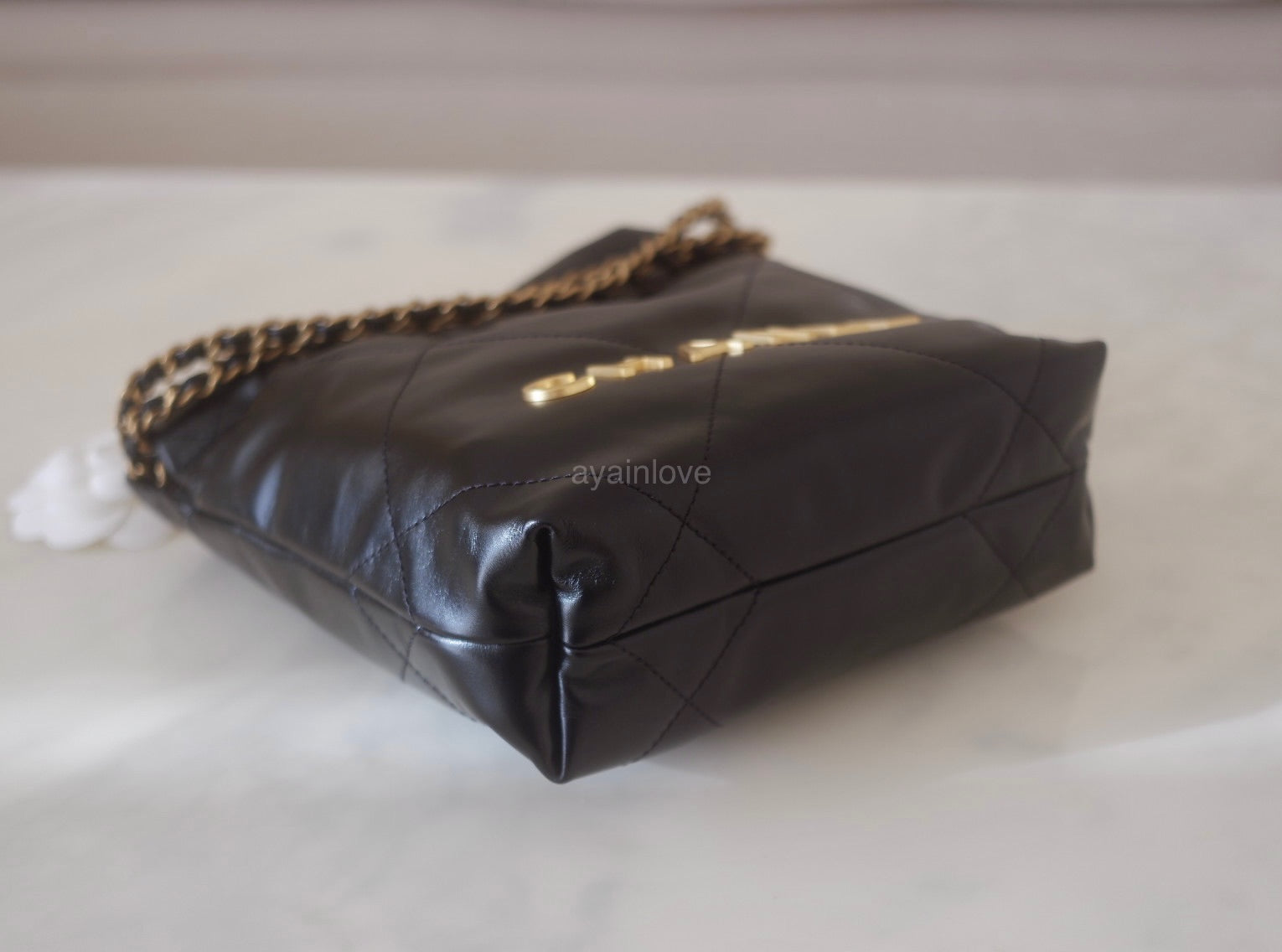 CHANEL 23S Mini 22 Black Shiny Calf Skin Bag Gold Hardware