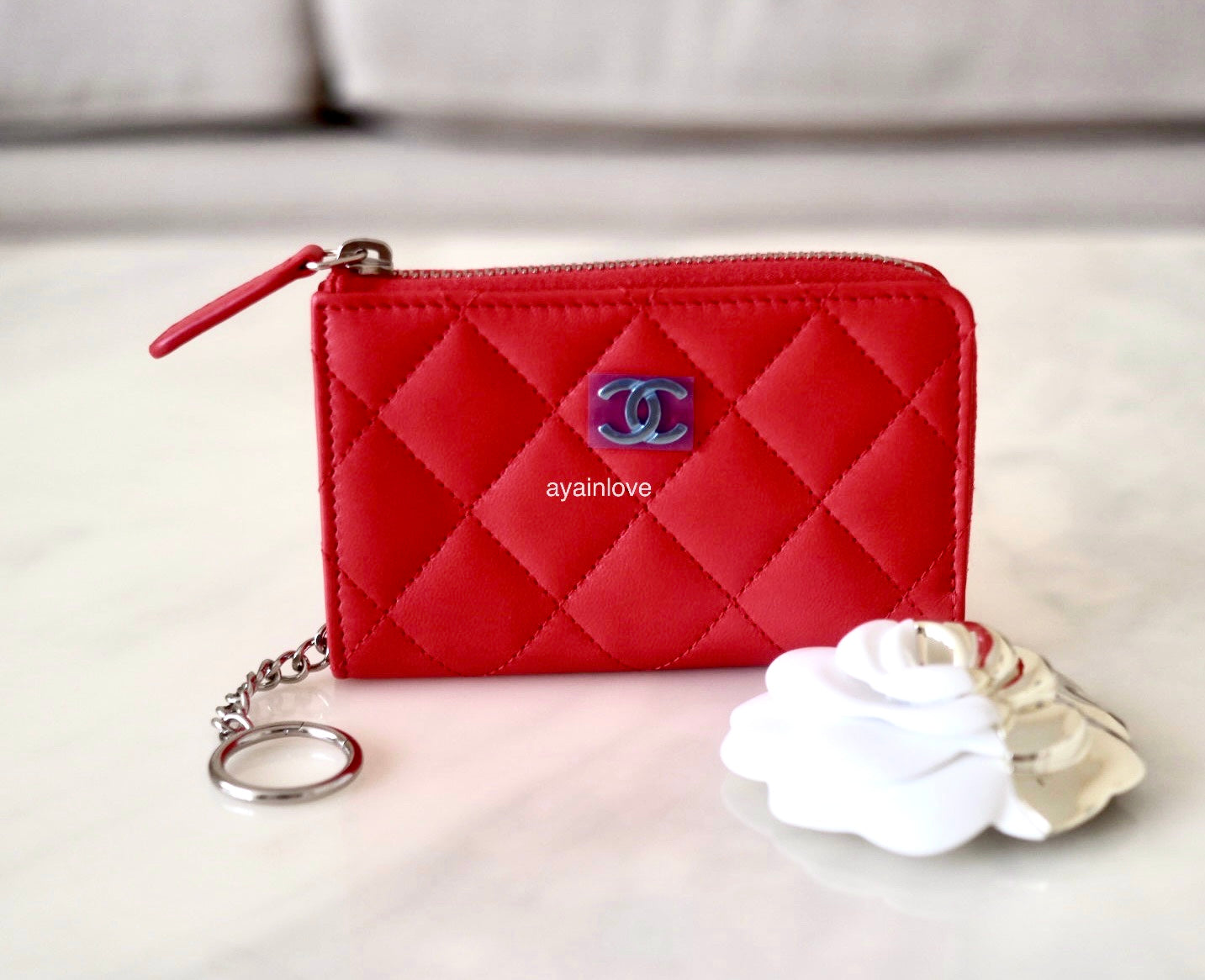 CHANEL 16S Red Lamb Skin Key Chain Zip Card Holder Silver Hardware