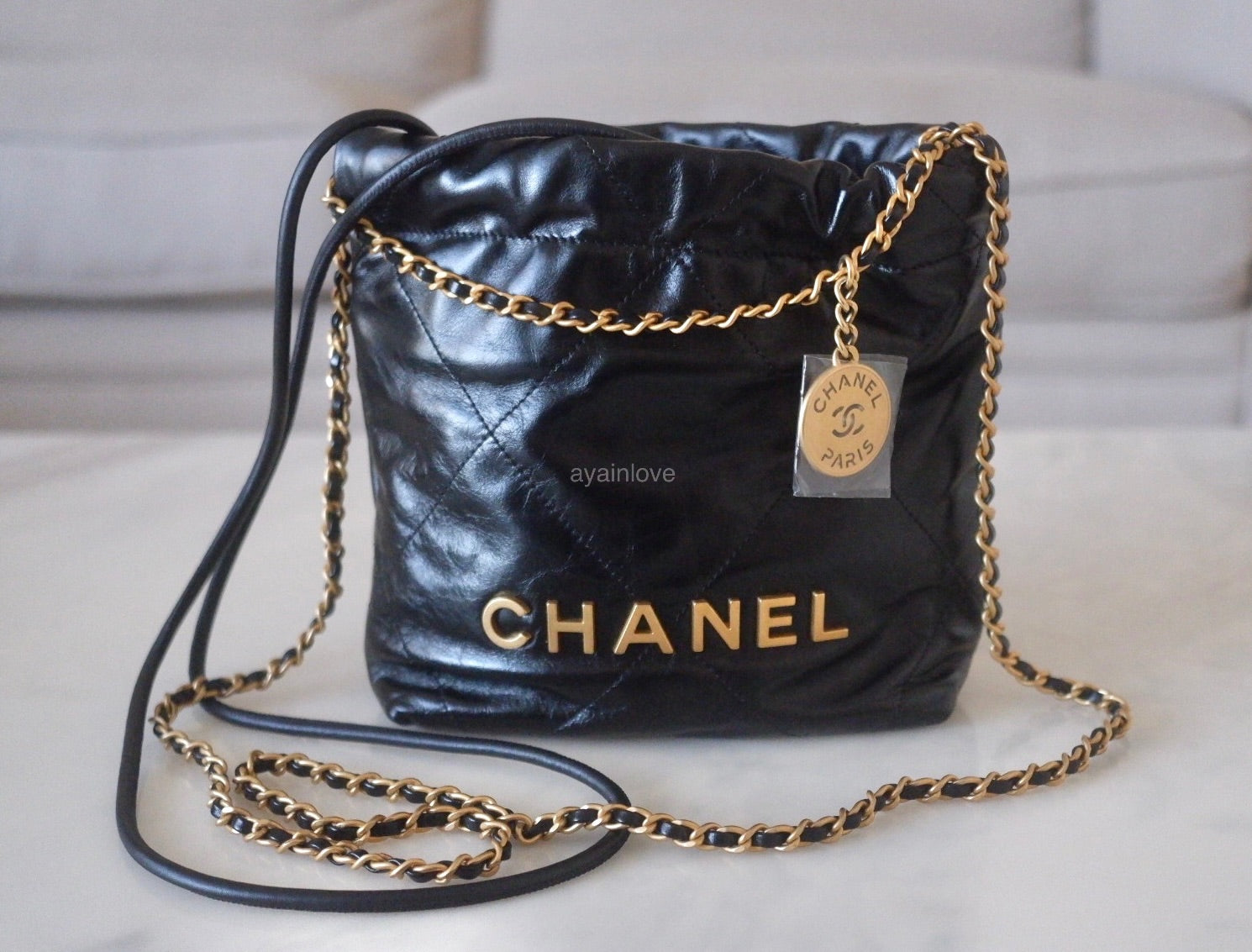 Chanel 22 Handbag Mini 23S Shiny Calfskin Black in Shiny Calfskin with Gold-Tone  - US