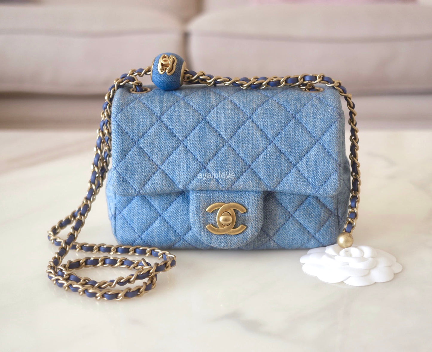 Chanel 22C Shopping and Unboxing  Denim Square Mini with Pearl Crush (What  fits & Mod shots) 