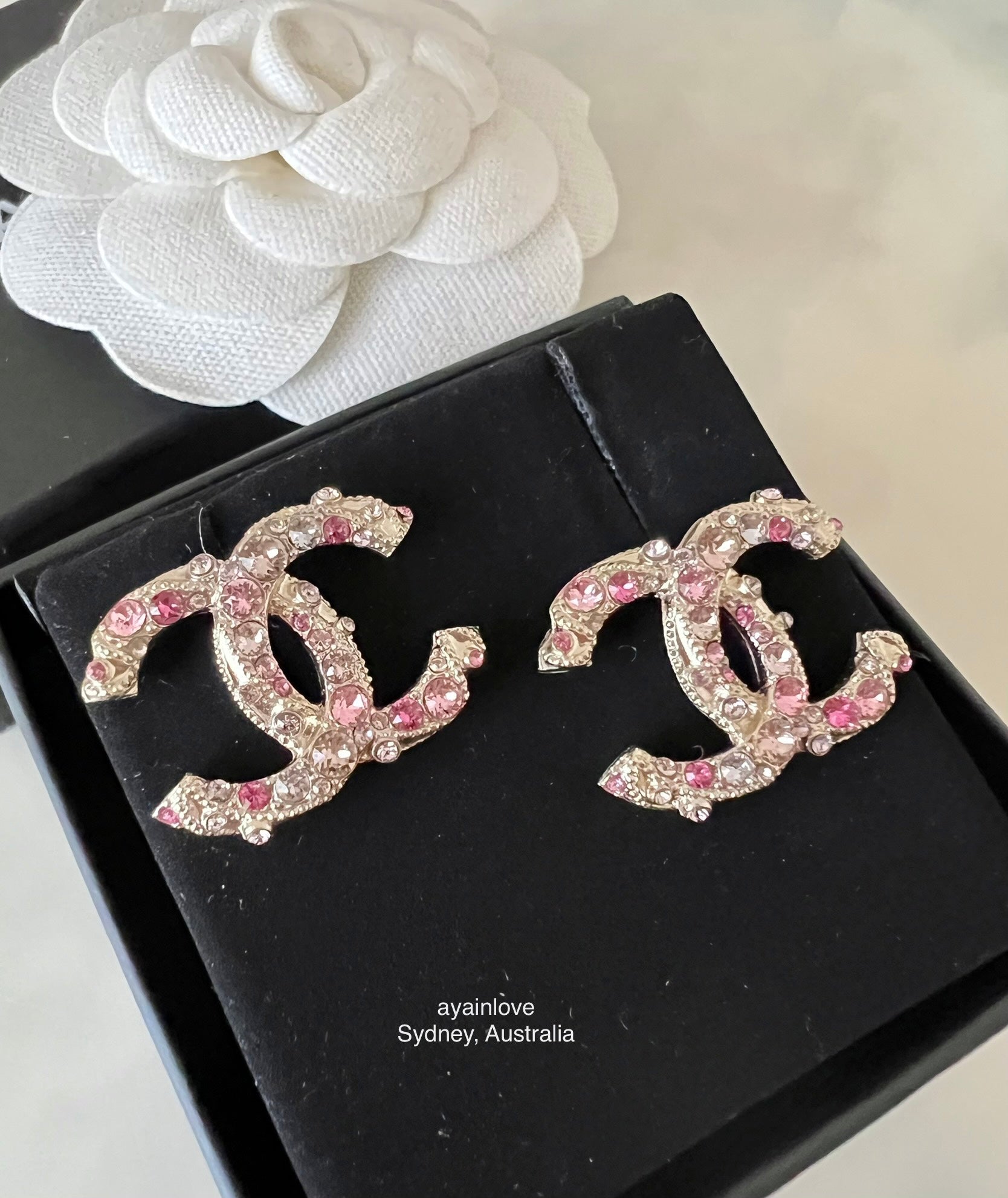 Chanel Earrings CC Ribbon Studs, Gold Hardware with Crystals, New
