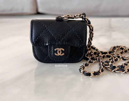 CHANEL Black Caviar AirPods Pro Case Quilted Flap Necklace Strap  Gold Hardware