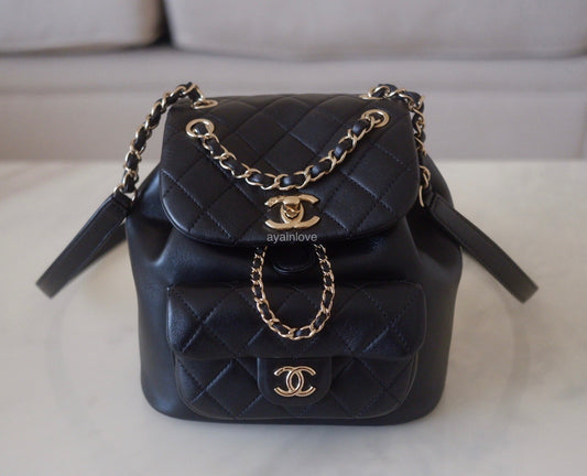 CHANEL 22A Mini Duma Black Drawstring Backpack Light Gold Hardware