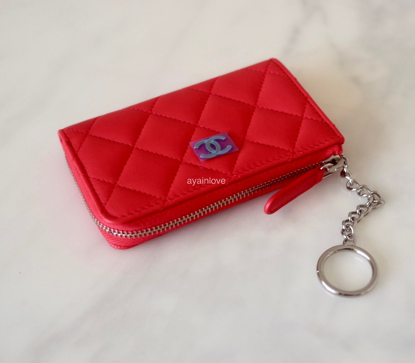 CHANEL 16S Red Lamb Skin Key Chain Zip Card Holder Silver Hardware