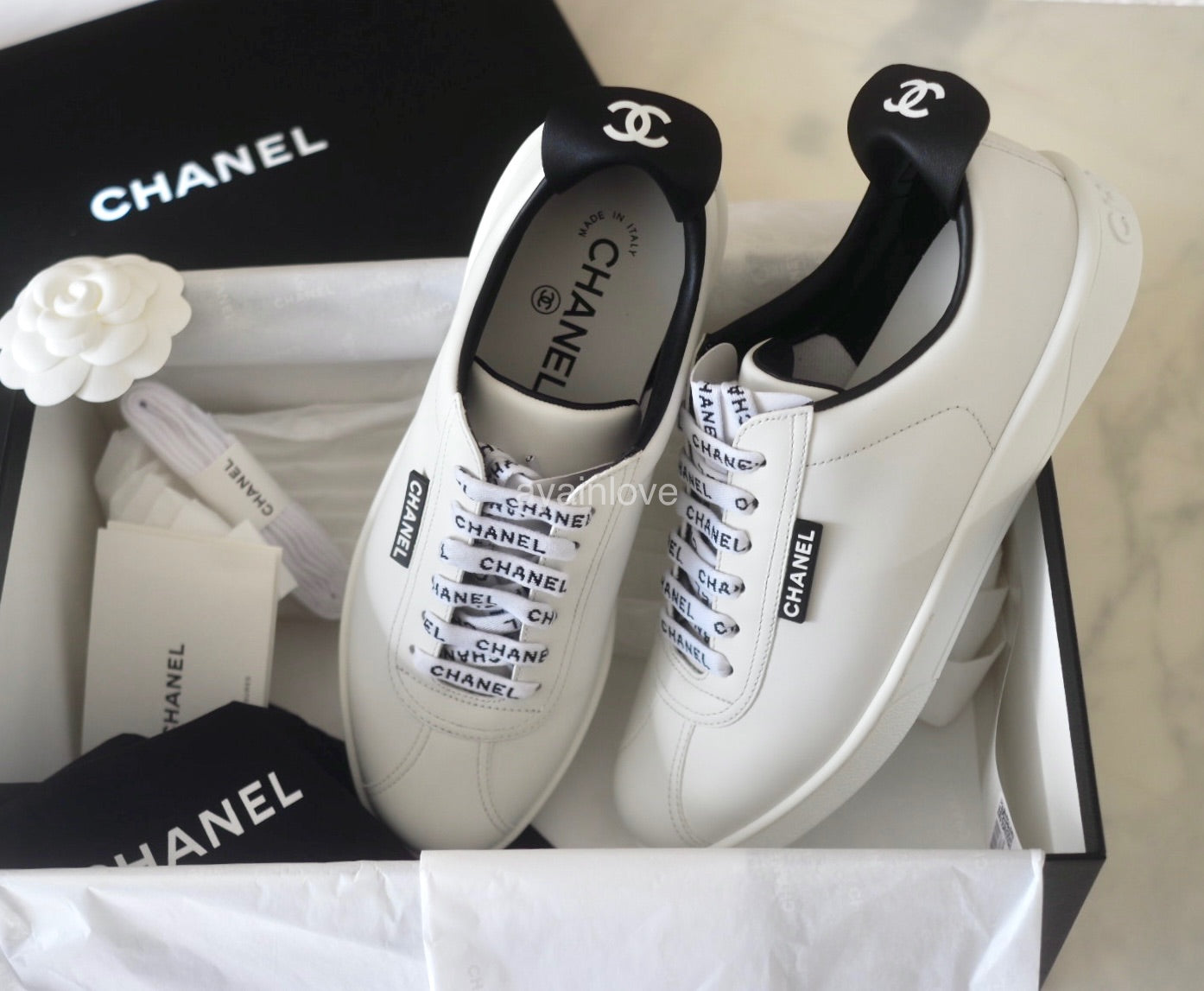 CHANEL, Shoes, Chanel White Leather Lace Up Weekend Sneakers