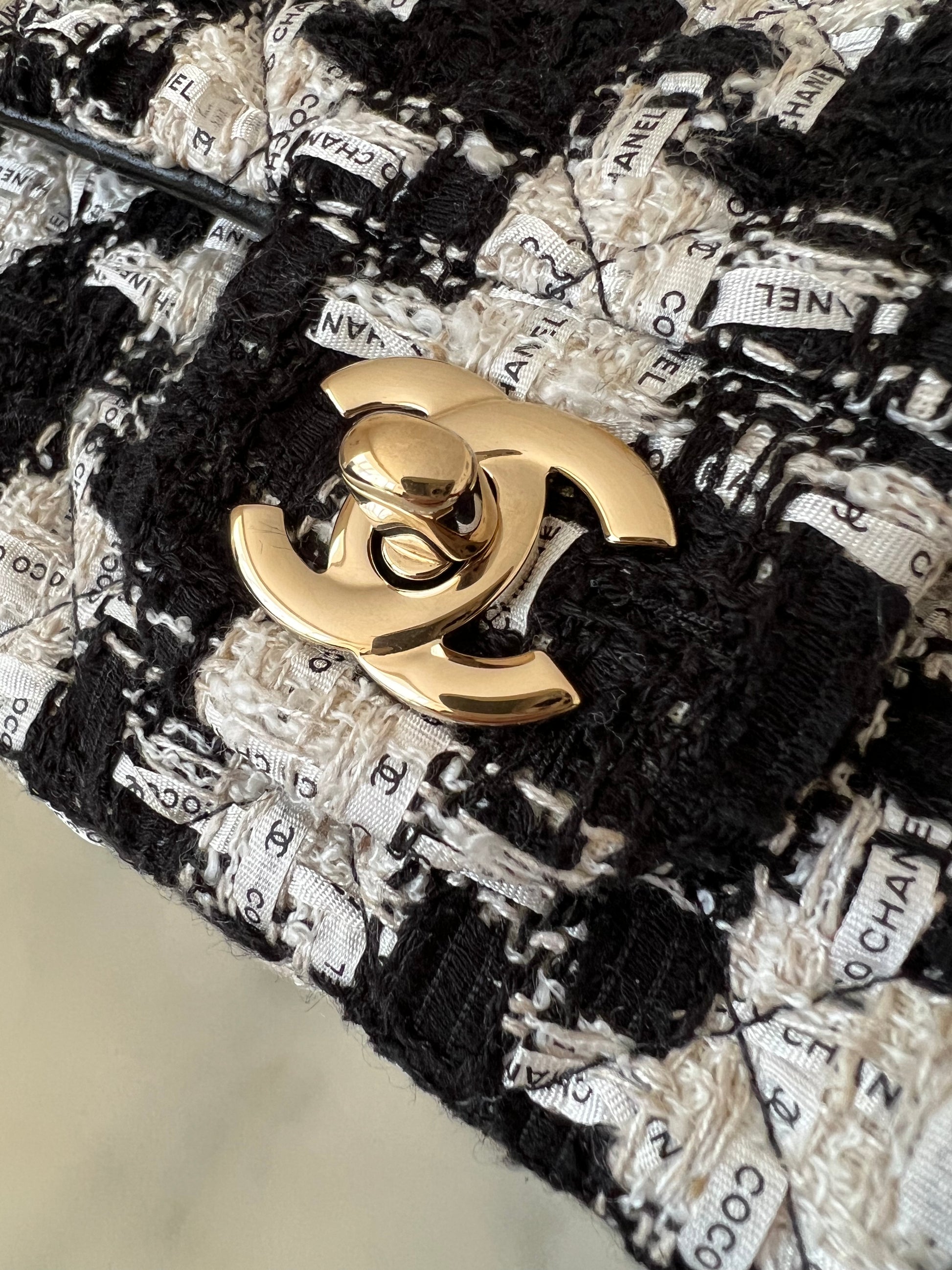 CHANEL 20S Black Ecru Houndstooth Tweed Rectangular Mini Flap Bag Light  Gold Hardware