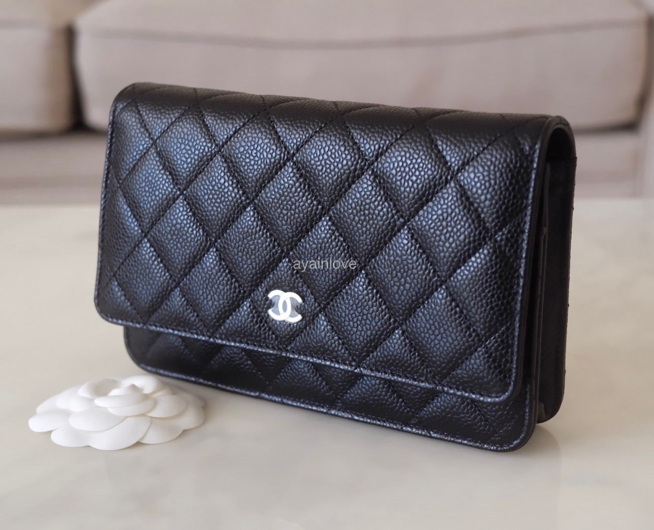 Chanel woc wallet of chain caviar black gold top