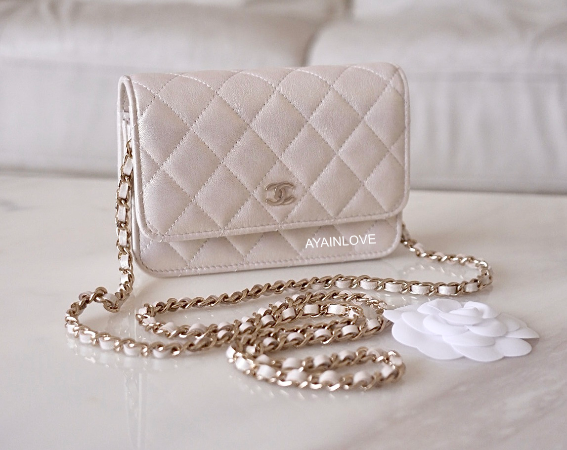 Chanel White Calfskin Quilted Leather Pearl Mini Wallet On Chain