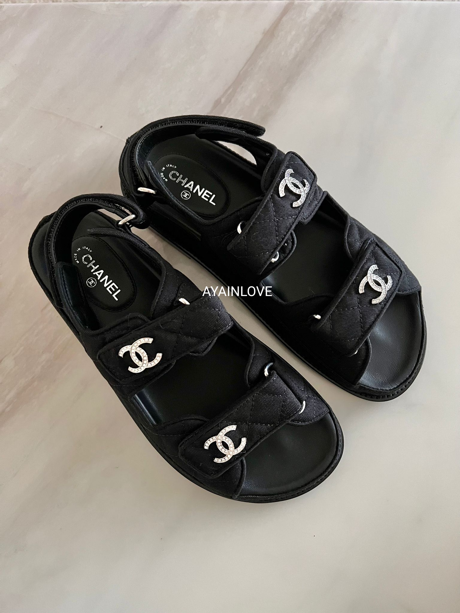 CHANEL Dad Sandals Black Mixed Fibre CC Crystals Silver Hardware Size –  AYAINLOVE CURATED LUXURIES
