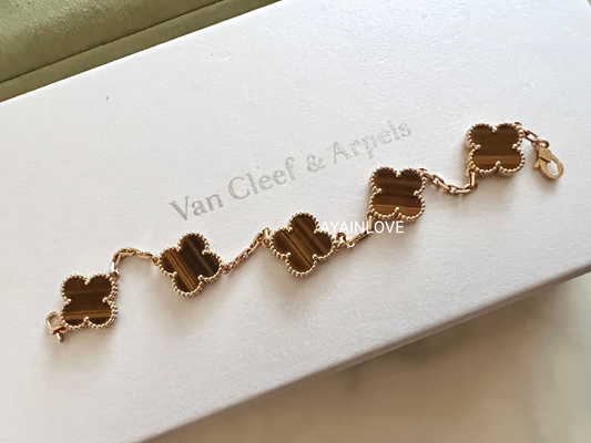 Van Cleef Arpels VCA 5 Motifs Bracelet Tiger Eye 18KT Yellow Gold Vintage Alhambra