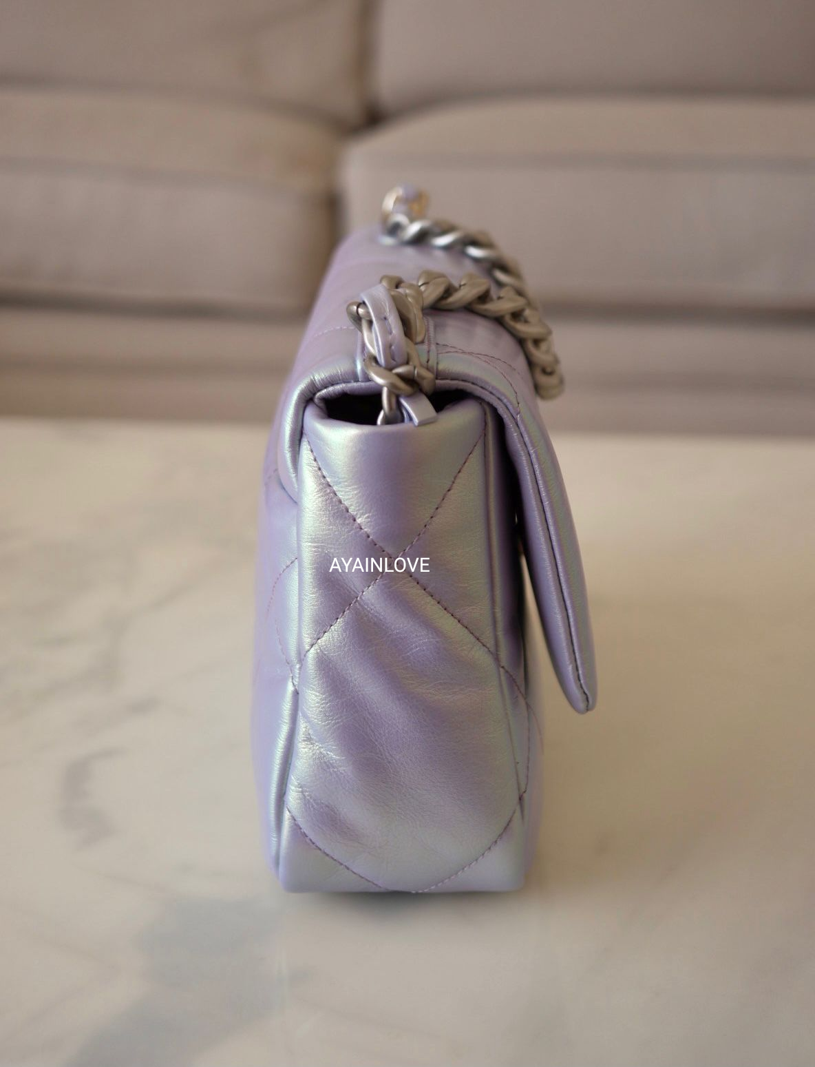 CHANEL Flap Bag Mini Rectangle Purple Lambskin Leather Champagne Light Gold