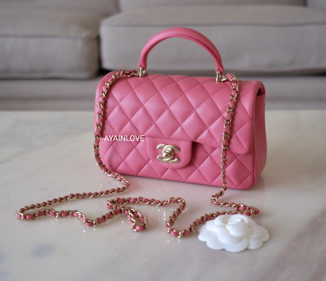 CHANEL 22A Pink Lamb Skin Top Handle Rectangular Mini Flap Bag