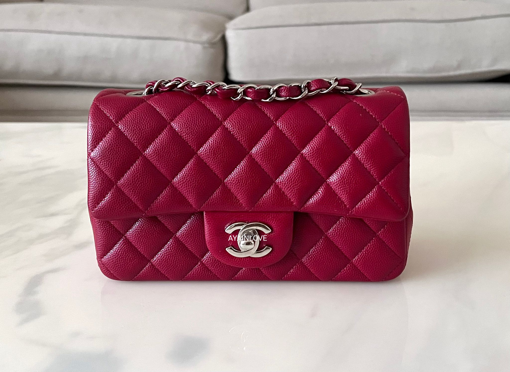 Chanel Classic Mini Square 17B Red Quilted Caviar with silver hardware