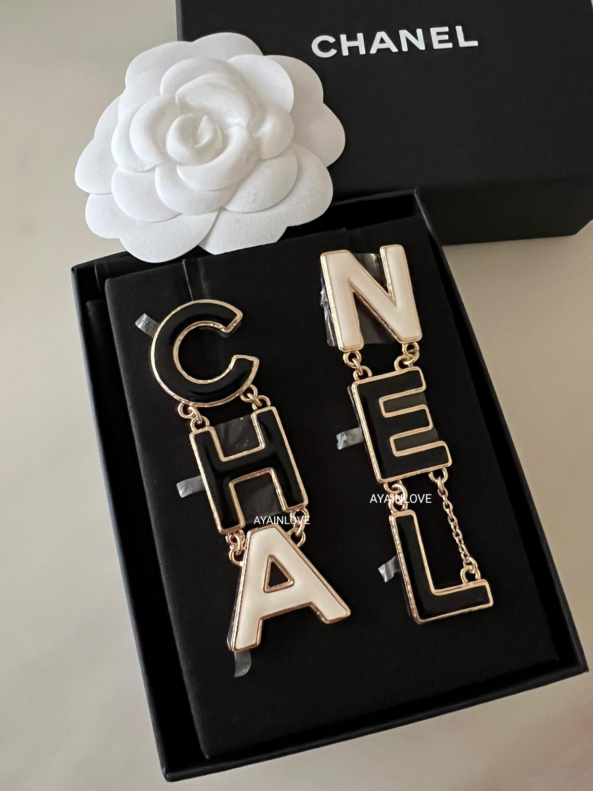 CHANEL 22A CHA NEL Black White Statement Earrings Light Gold