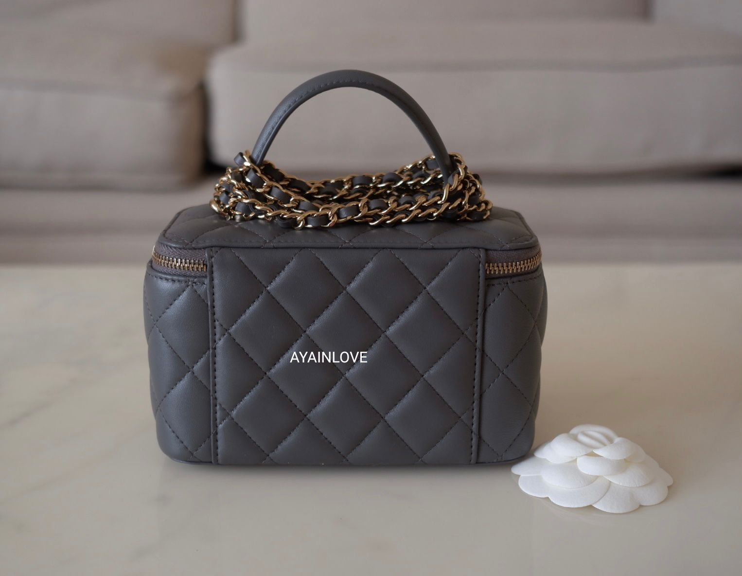 CHANEL 22A Dark Grey Lamb Skin Top Handle Vanity Light Gold CHANEL 22A Dark Grey Lamb Skin Top Handle Vanity Light Gold