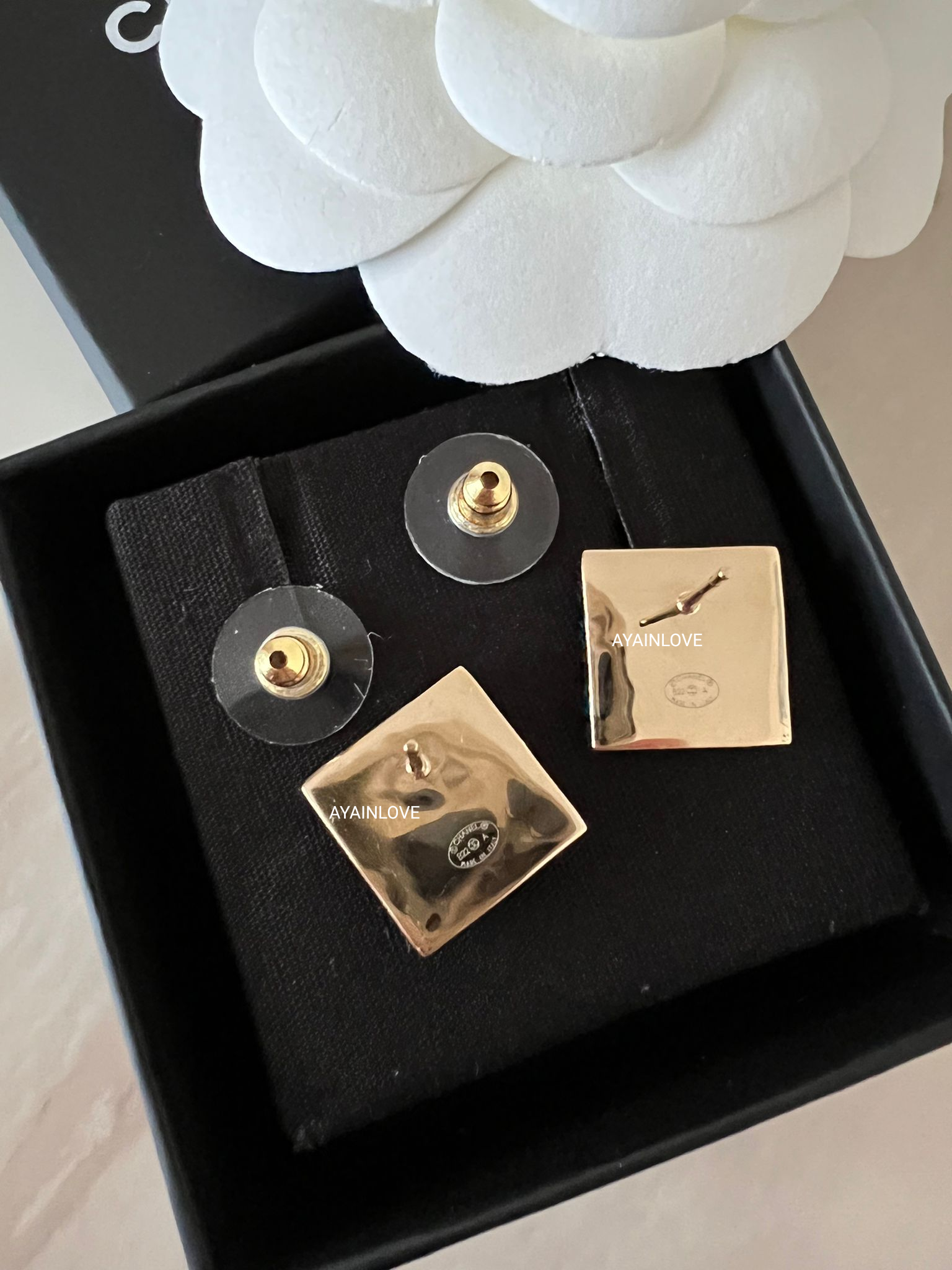 CHANEL 22A Square Black CC Stud Earrings Gold Hardware AYAINLOVE