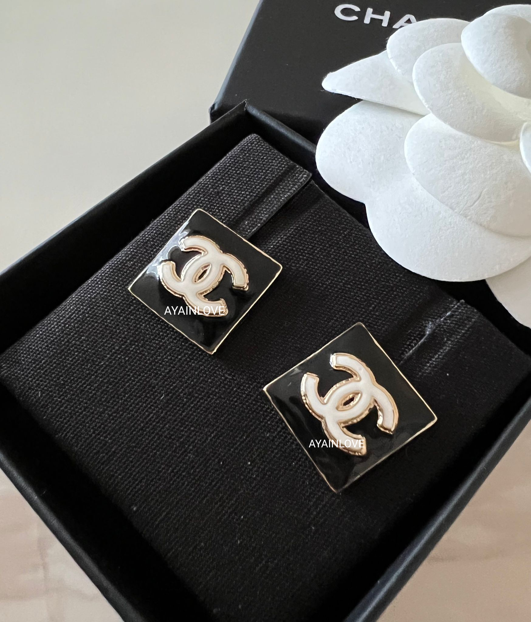 CHANEL 22A Square Black CC Stud Earrings Gold Hardware