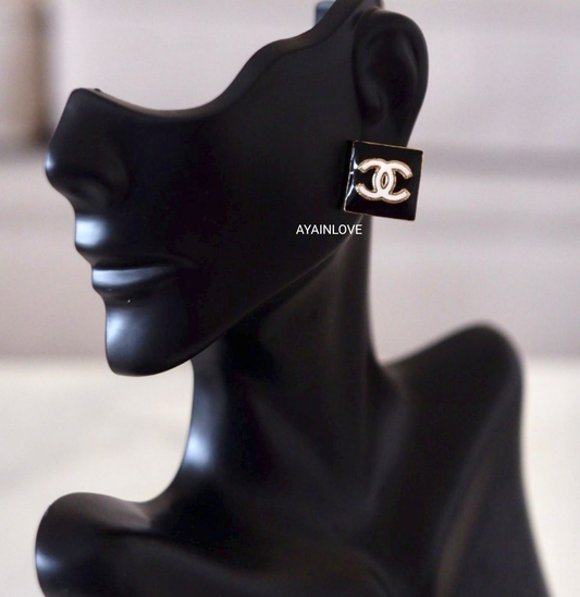 CHANEL 22A Square Black CC Stud Earrings Gold Hardware