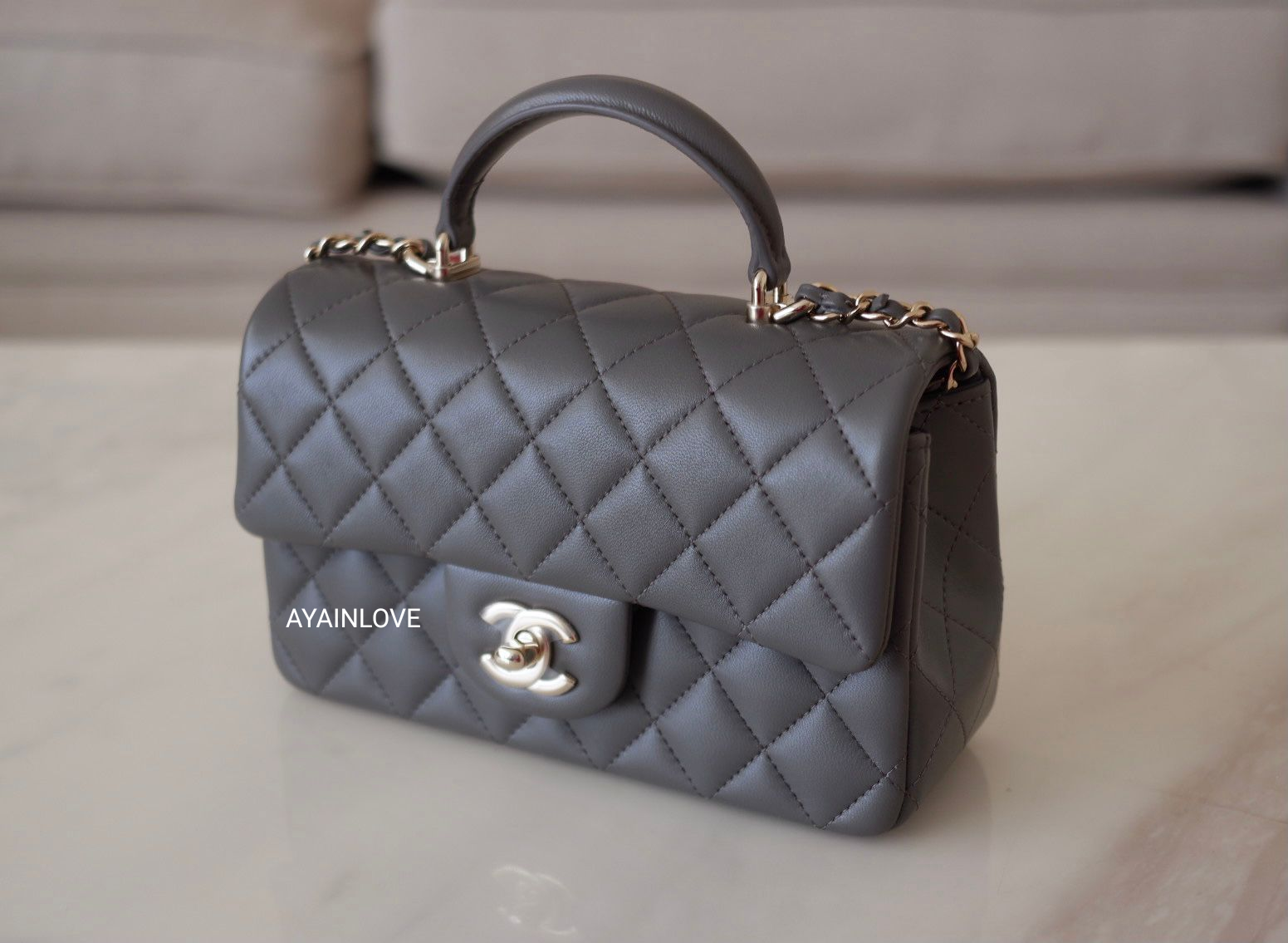 CHANEL 22A Grey Lambskin Top Handle Rectangle Mini Light Gold CHANEL 22A Grey Lambskin Top Handle Rectangle Mini Light Gold