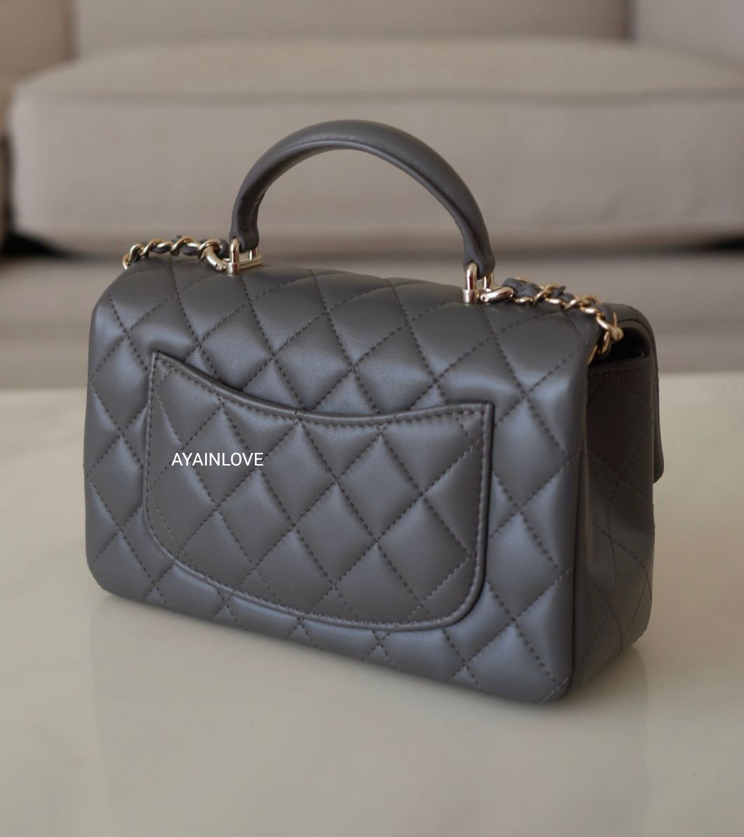 CHANEL 22A Grey Lambskin Top Handle Rectangle Mini Light Gold CHANEL 22A Grey Lambskin Top Handle Rectangle Mini Light Gold