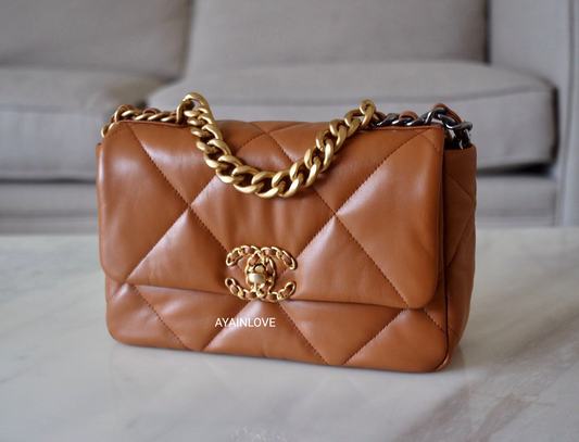 CHANEL 22A Caramel Brown Lamb Skin Small 19 Flap Bag Mixed Hardware *New*
