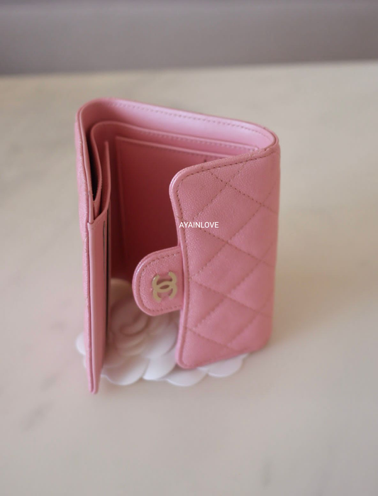 CHANEL 19S Iridescent Pink Caviar Trifold Wallet Light Gold Hardware *New*