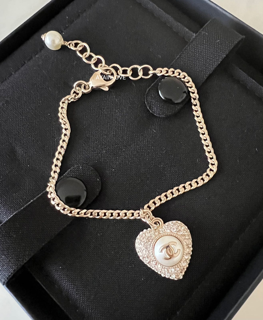 CHANEL 22B Heart Pearl Crystal CC Bracelet Light Gold Hardware