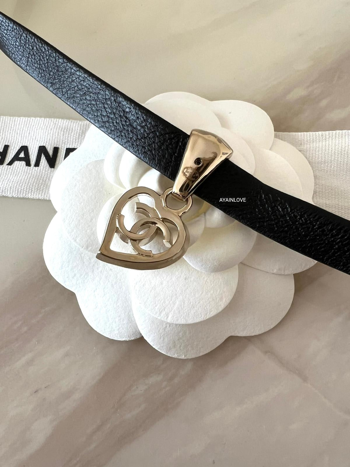 CHANEL 22P Heart Black Leather Choker Necklace Light Gold Hardware