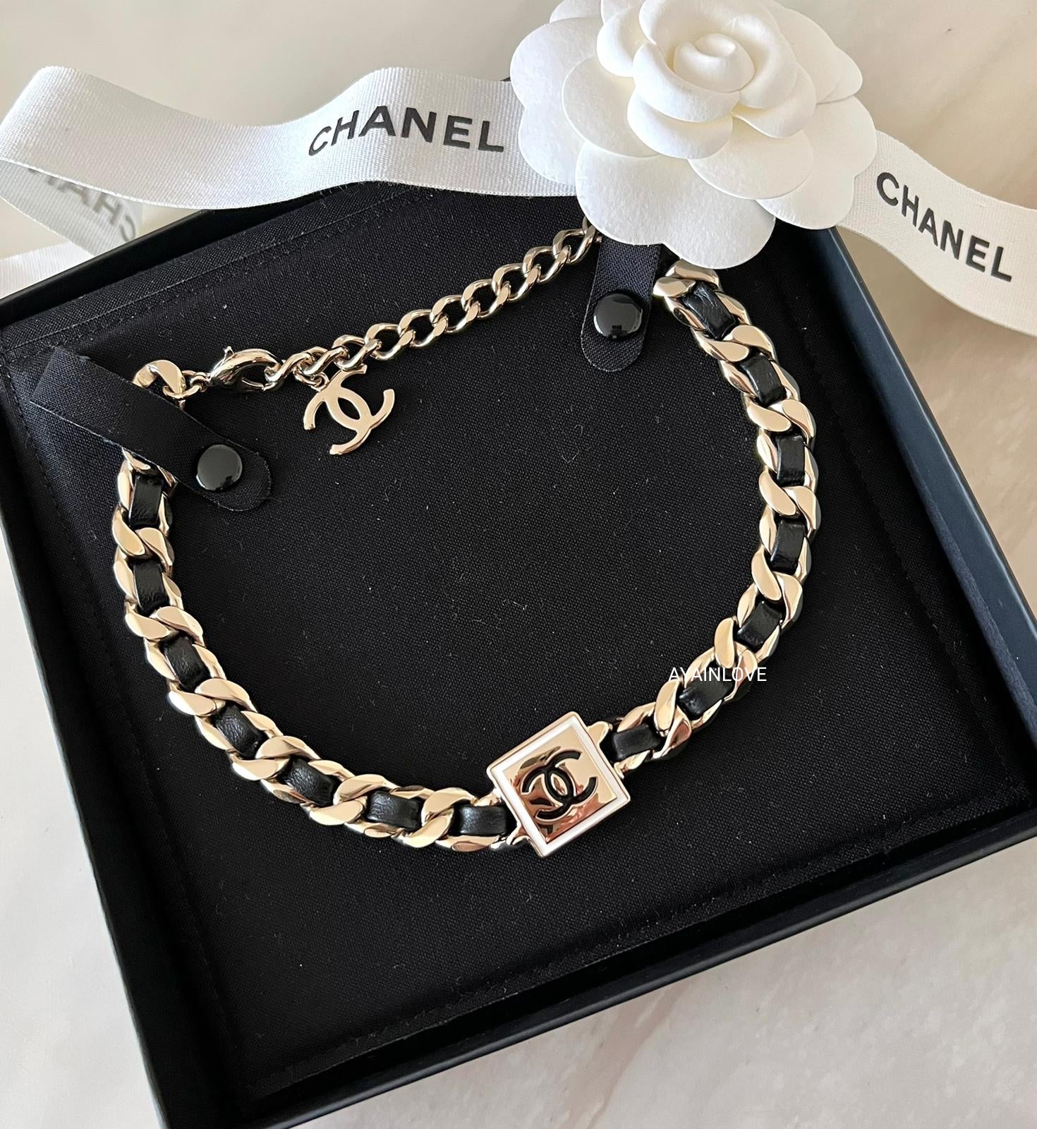 CHANEL 22B Square CC Leather Chain Necklace Light Gold Hardware