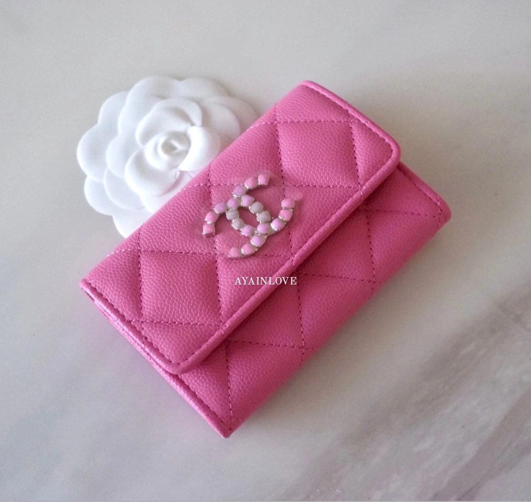 CHANEL 21P Pink Caviar Small Snap Flap Card Holder Oversized Candy