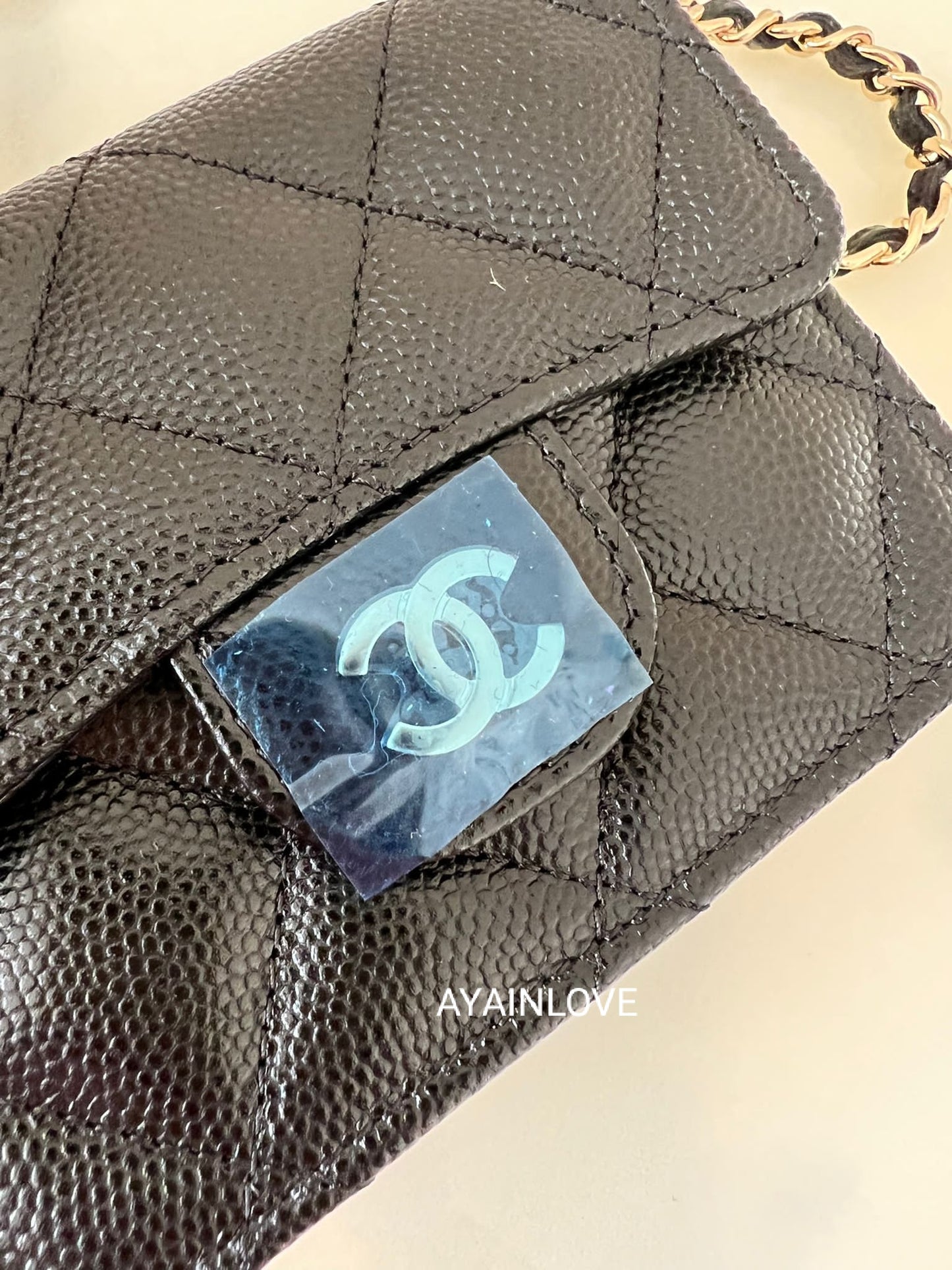 CHANEL Black Caviar Accordion Card Holder On Chain Gold Hardware