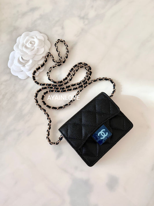 CHANEL Black Caviar Accordion Card Holder On Chain Gold Hardware