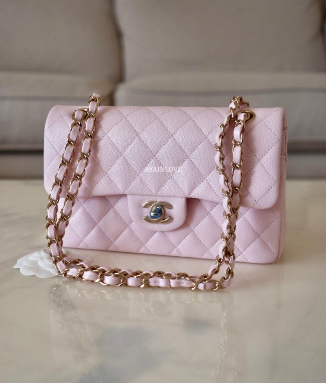 Chanel Pink Quilted Caviar Classic Small Double Flap Gold Hardware