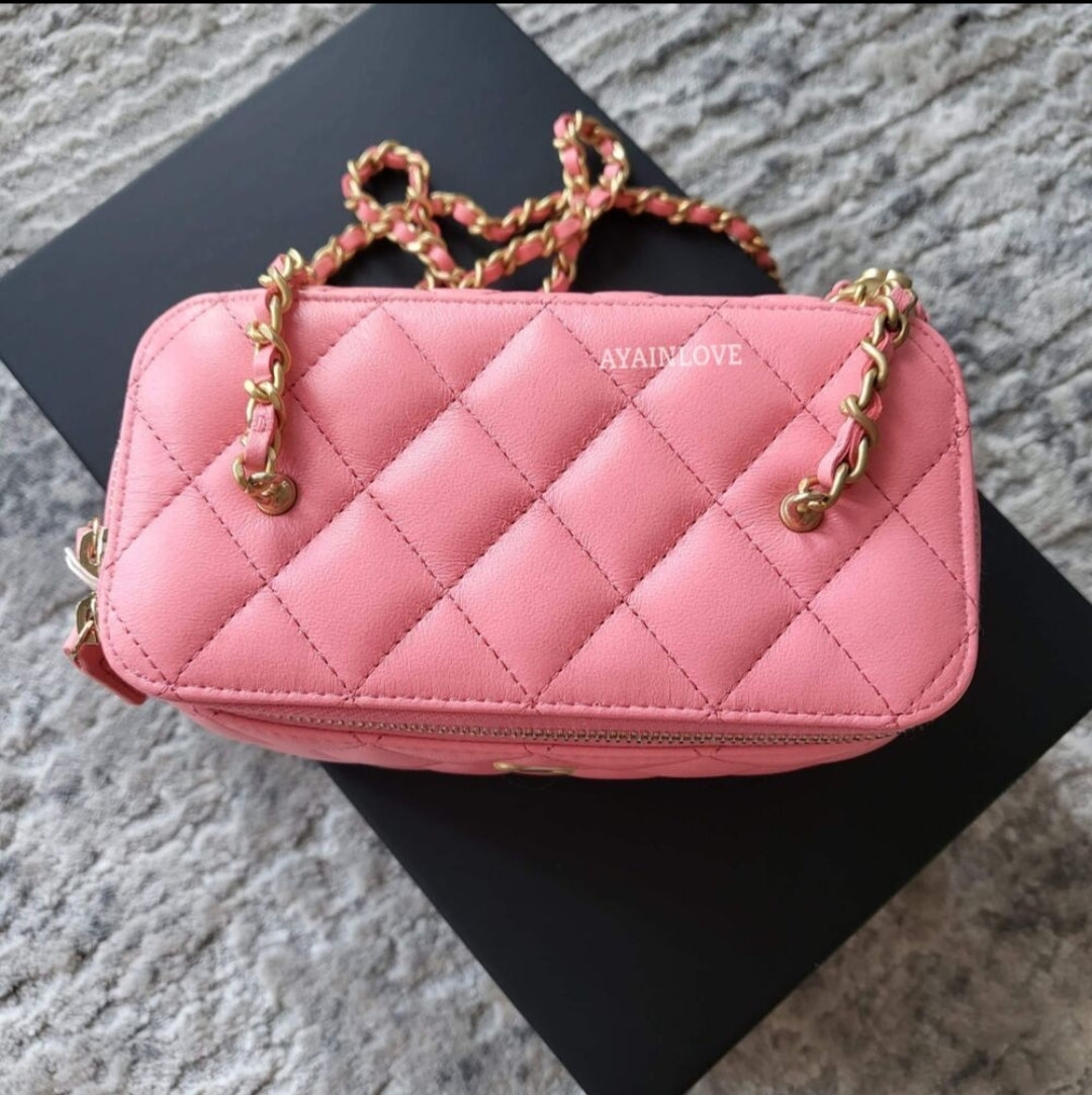 Chanel Pearl Crush Mini Square Flap Bag Pink Lambskin Antique Gold Hardware  in 2023