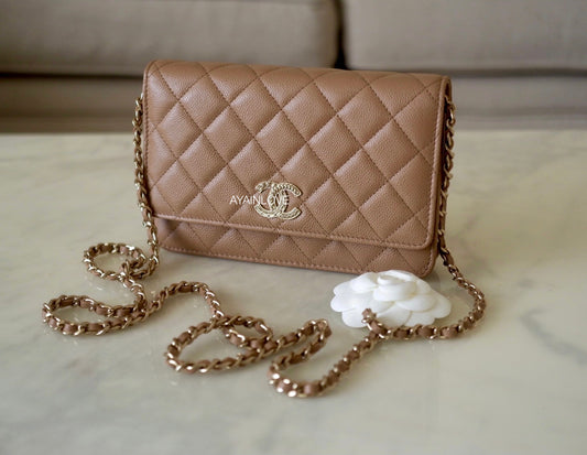CHANEL 22K Dark Beige Caviar Twirling CC Wallet On Chain Gold Hardware