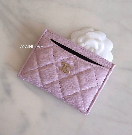 21S ROSE CLAIR LILAC PINK CAVIAR FLAT CARD HOLDER LIGHT GOLD HARDWARE